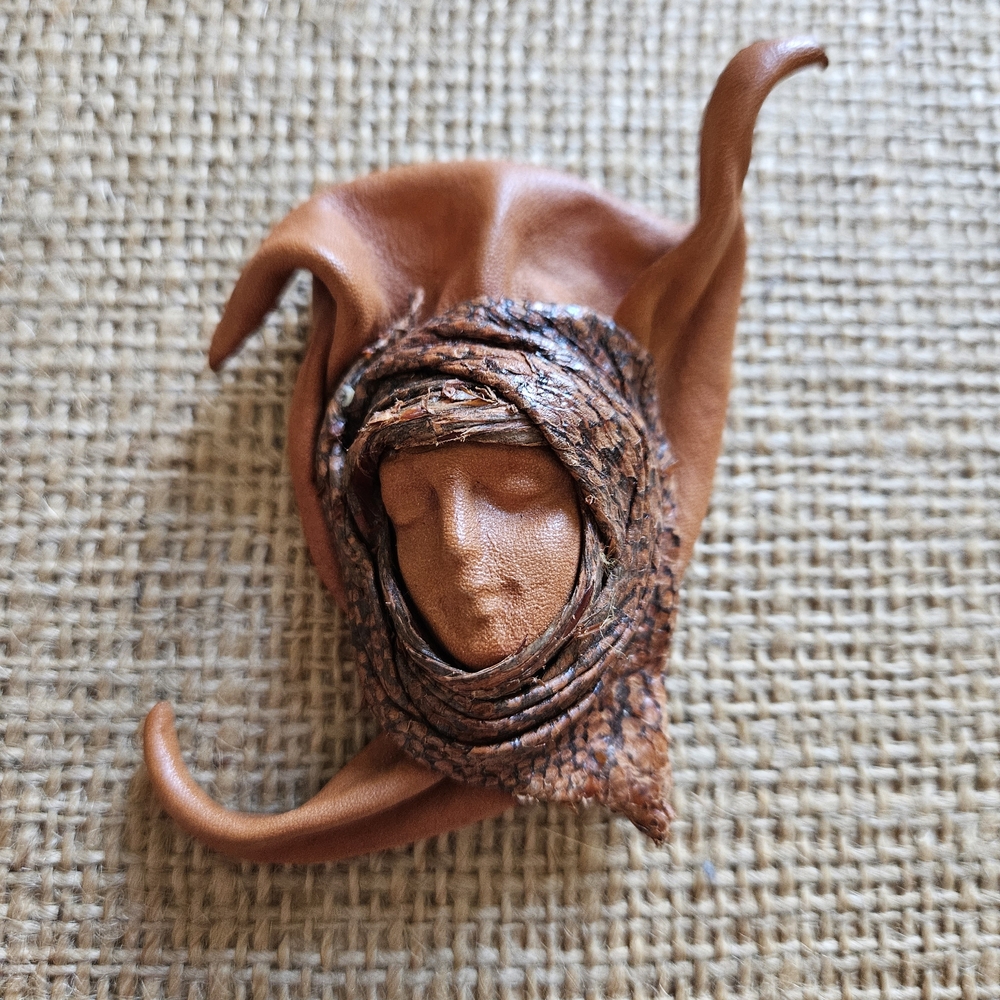 Vintage Handcrafted Leather Folk Art Desert Woman Signed Brooch Pin